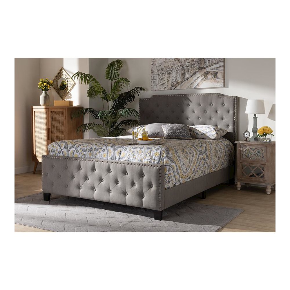 Transitional Grey Fabric Upholstered Button Tufted King Size Panel Bed. Picture 6