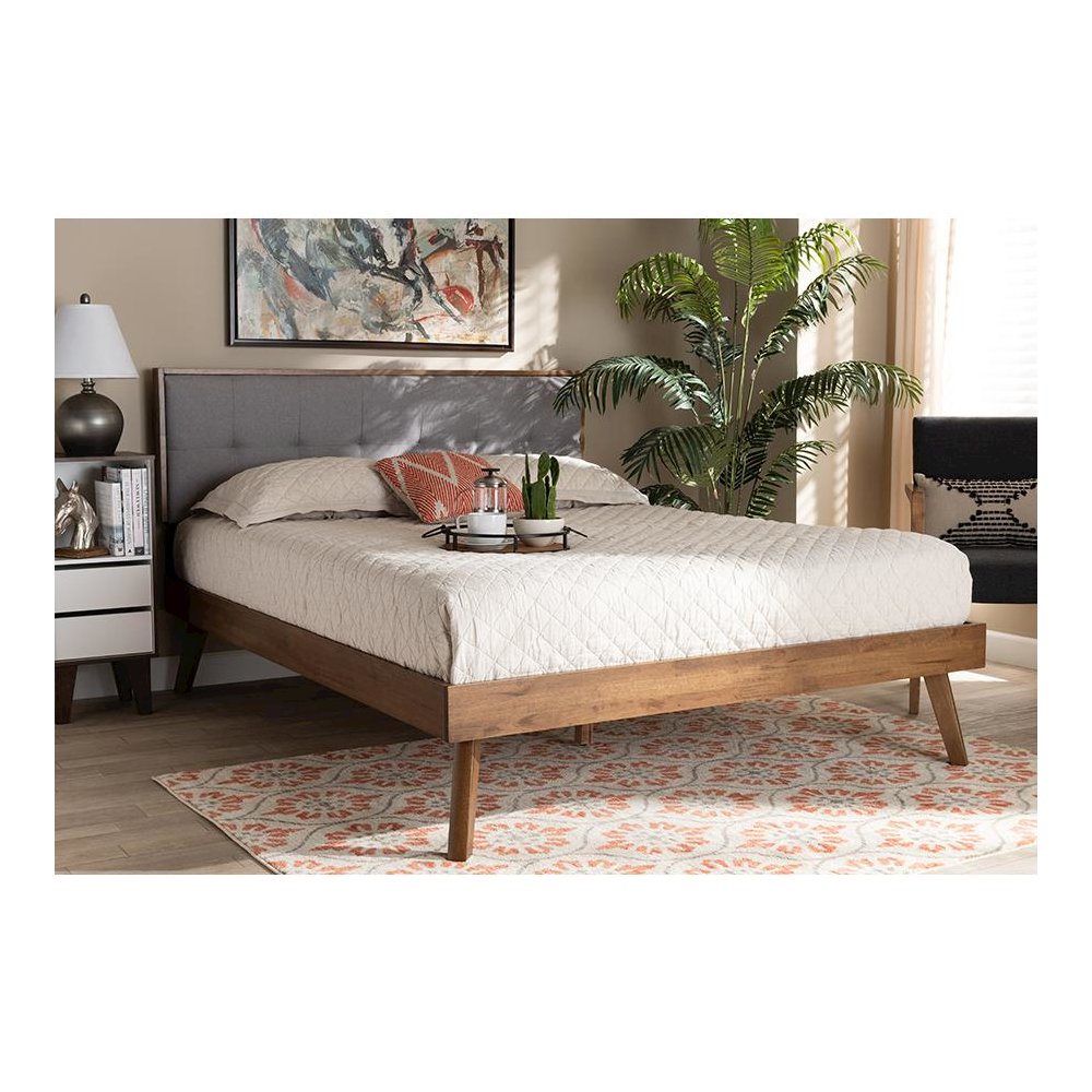 Light Grey Fabric Upholstered Walnut Brown Finished Wood King Size Platform Bed. Picture 6