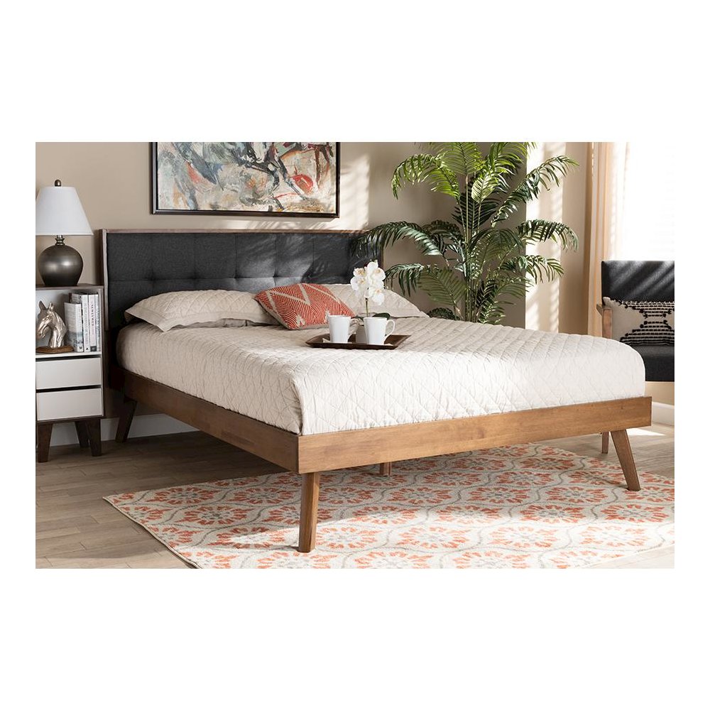 Dark Grey Fabric Upholstered Walnut Brown Finished Wood King Size Platform Bed. Picture 6