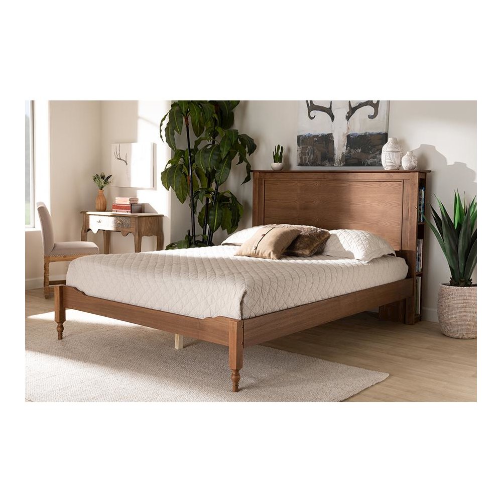 Walnut Brown Finished Wood King Size Platform Storage Bed with Built-In Shelves. Picture 6