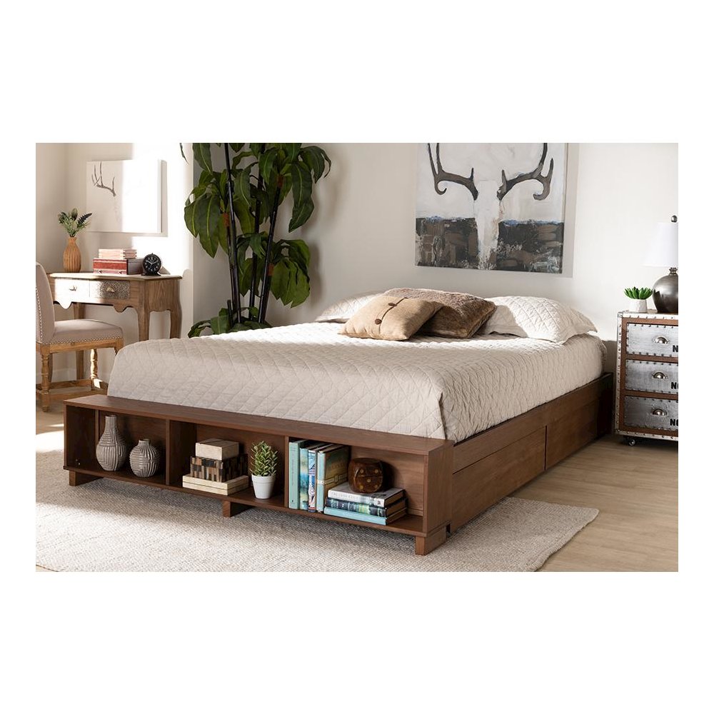 Walnut Brown Finished Wood King Size Platform Bed with Built-In Shelves. Picture 8