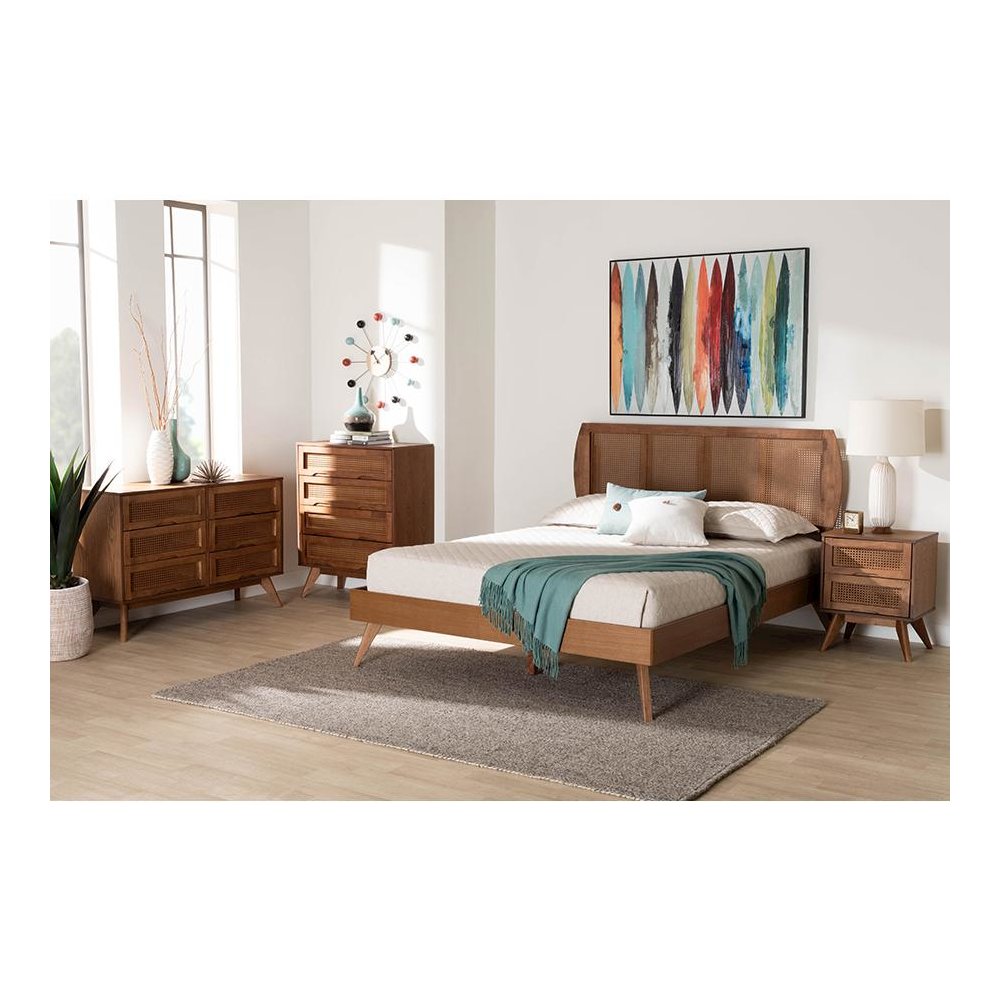 Modern Walnut Brown Finished Wood and Woven Rattan King Size 4-Piece Bedroom Set. Picture 12