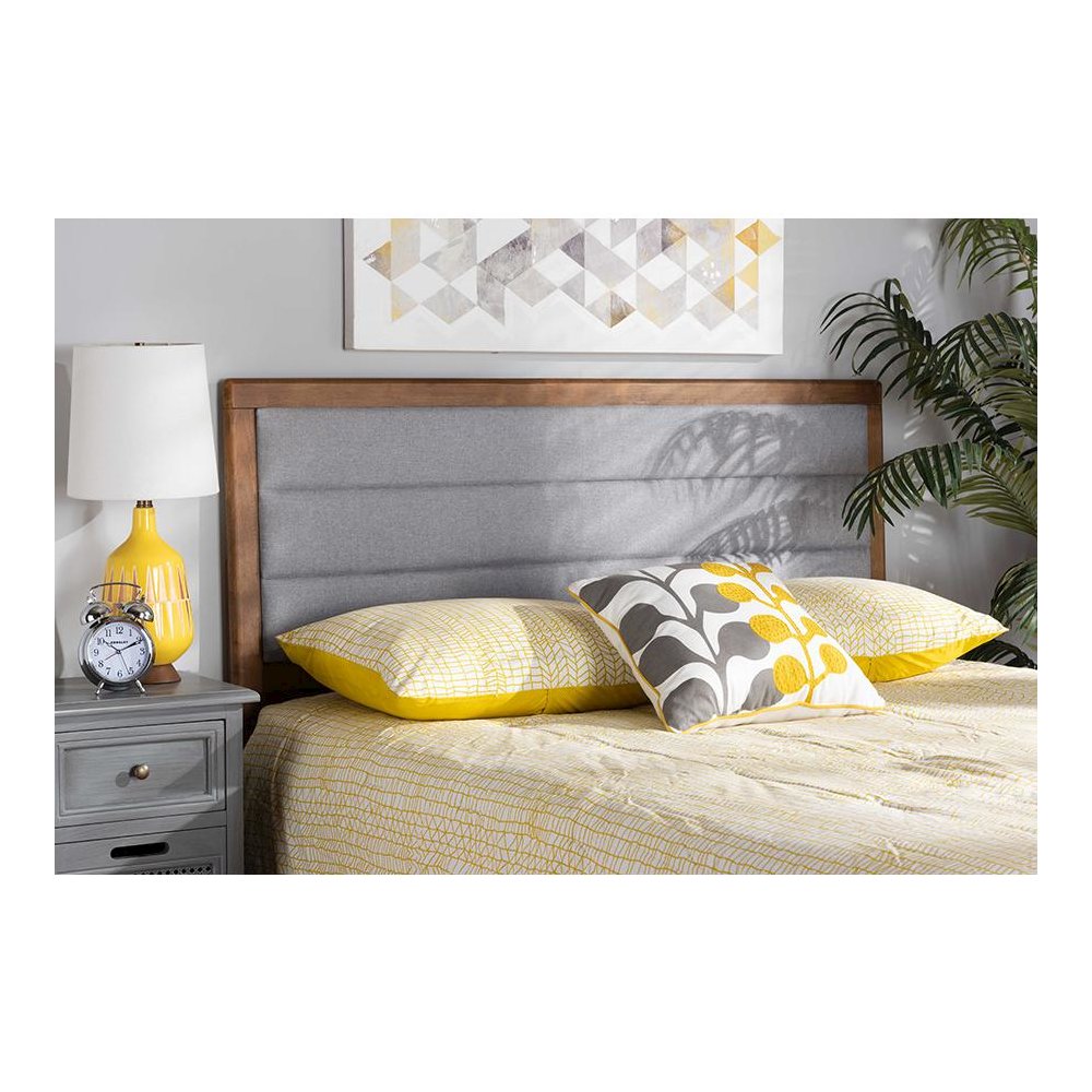 Light Grey Fabric Upholstered and Walnut Brown Finished Wood King Size Headboard. Picture 4