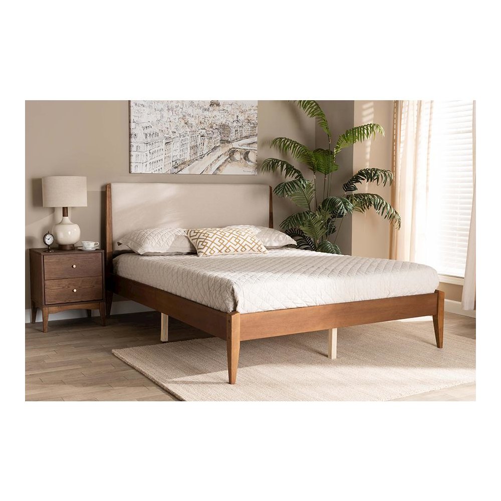 Beige Fabric Upholstered and Walnut Brown Finished Wood King Size Platform Bed. Picture 7