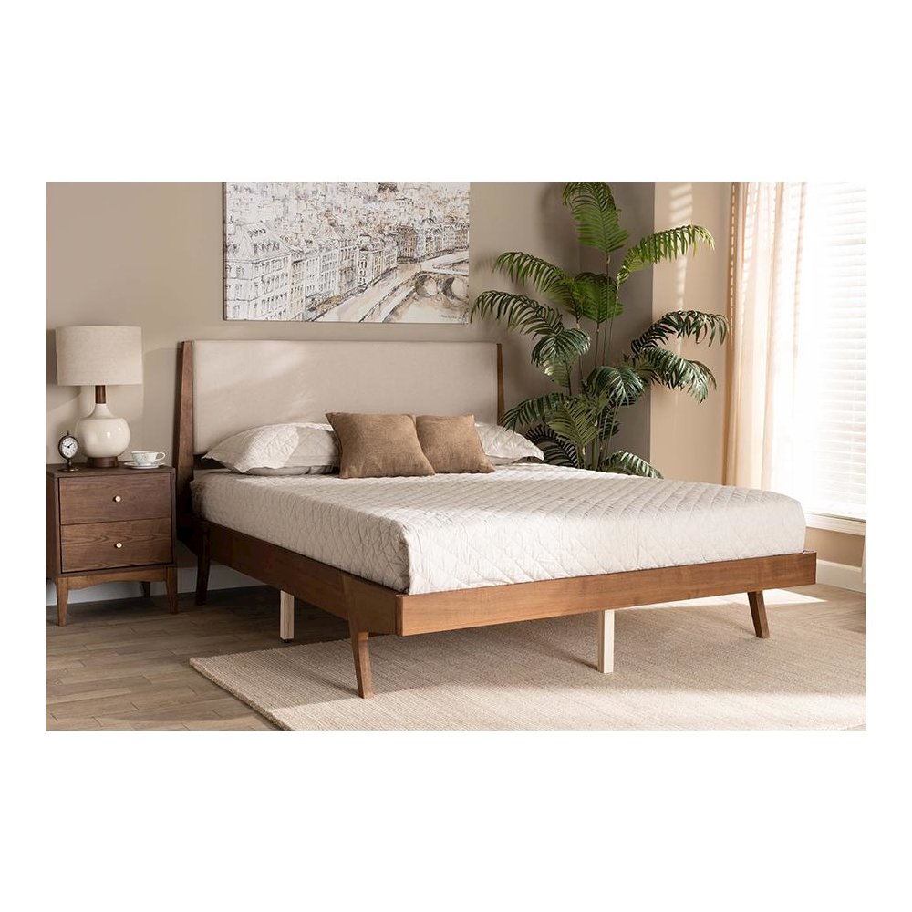 Beige Fabric Upholstered and Walnut Brown Finished Wood King Size Platform Bed. Picture 7
