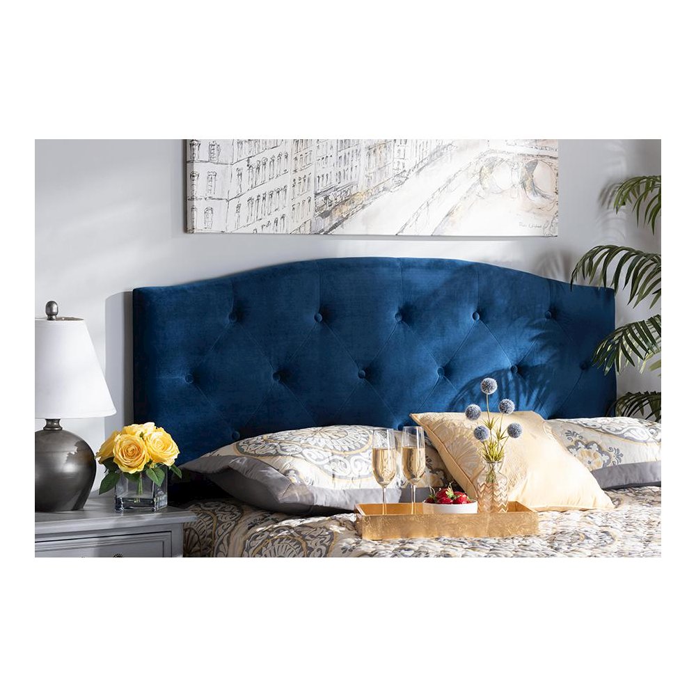 Navy Blue Velvet Fabric Upholstered King Size Headboard. Picture 4