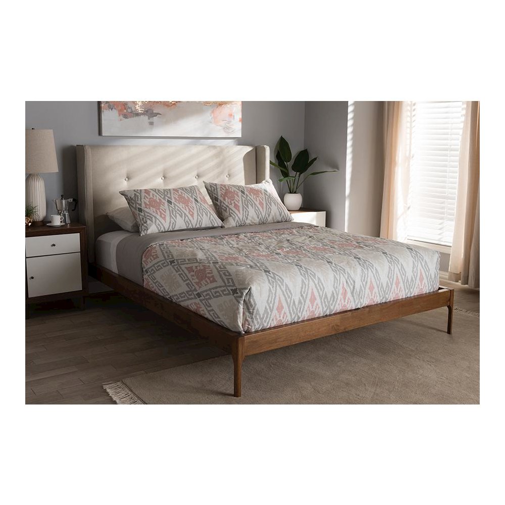 Brooklyn Mid-Century Modern Walnut Wood Beige Fabric King Size Platform Bed. Picture 8