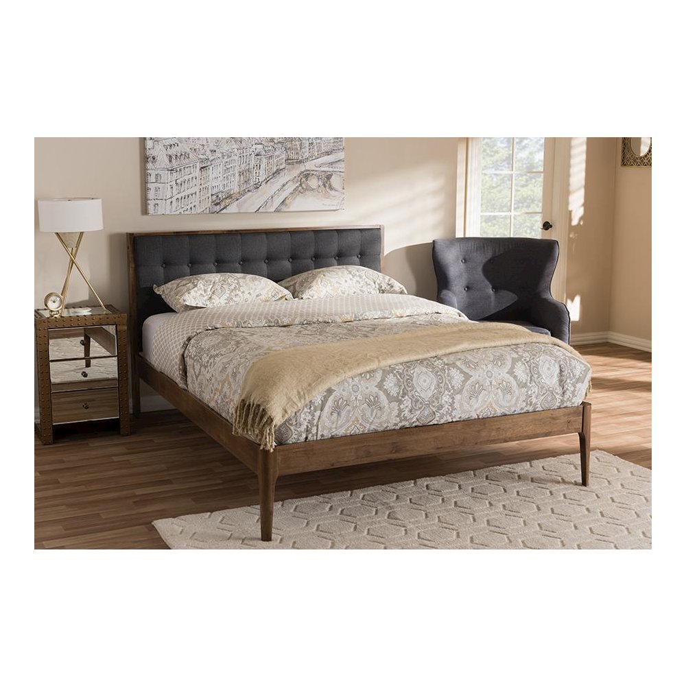 Grey Fabric Upholstered Button-Tufted King Size Platform Bed. Picture 6