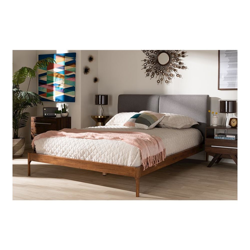 Grey Fabric Upholstered Walnut Finished King Size Platform Bed. Picture 6