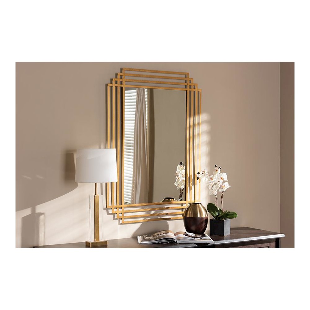 Kalinda Art Deco Antique Gold Finished Rectangular Accent Wall Mirror. Picture 9