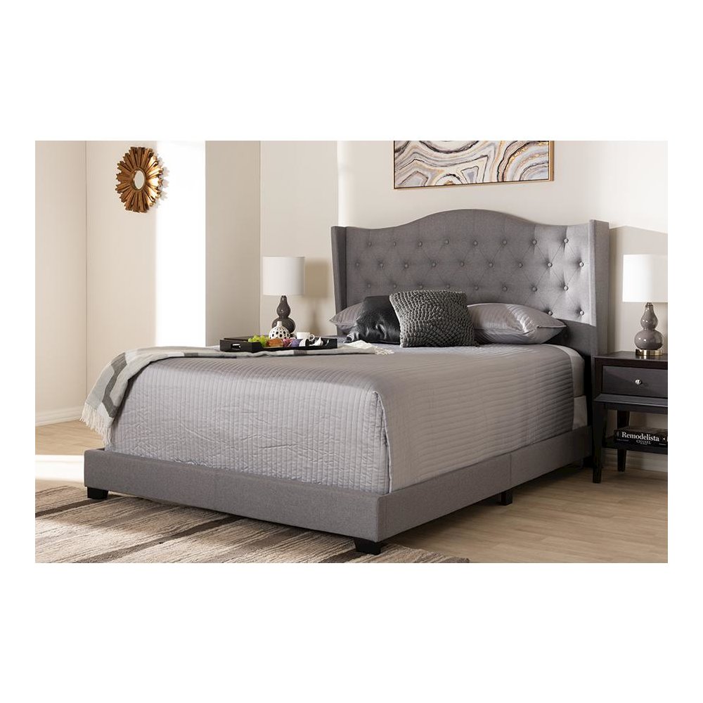 Alesha Modern and Contemporary Grey Fabric Upholstered King Size Bed. Picture 6