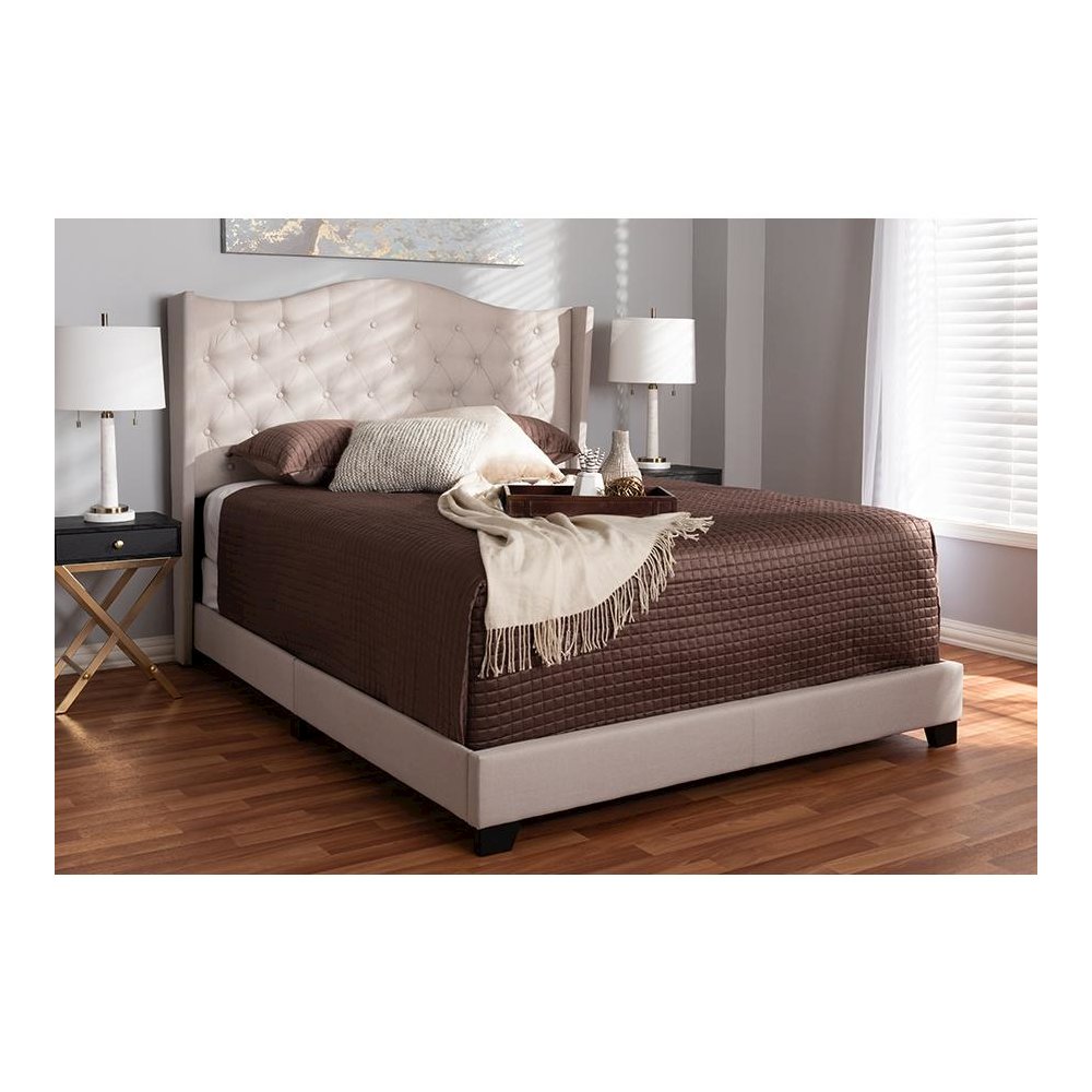 Alesha Modern and Contemporary Beige Fabric Upholstered King Size Bed. Picture 6