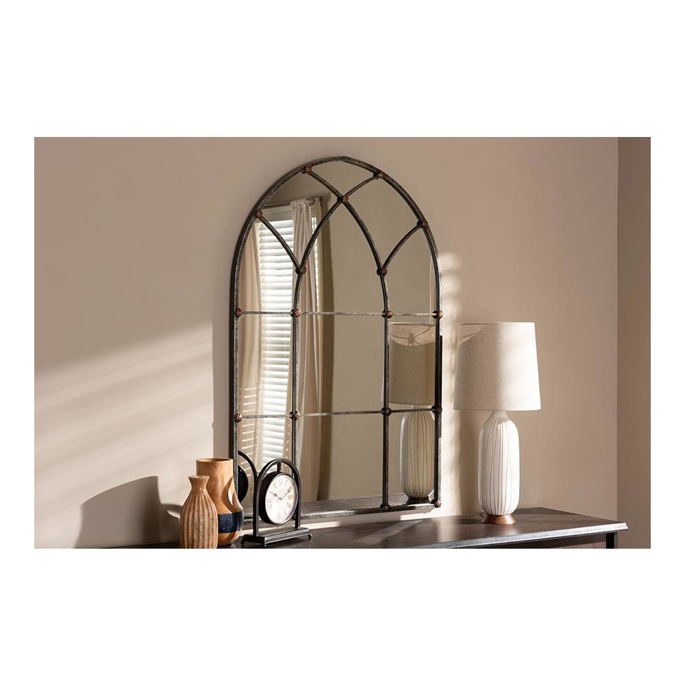Tova Vintage Farmhouse Antique Silver Finished Arched Window Accent Wall Mirror. Picture 6