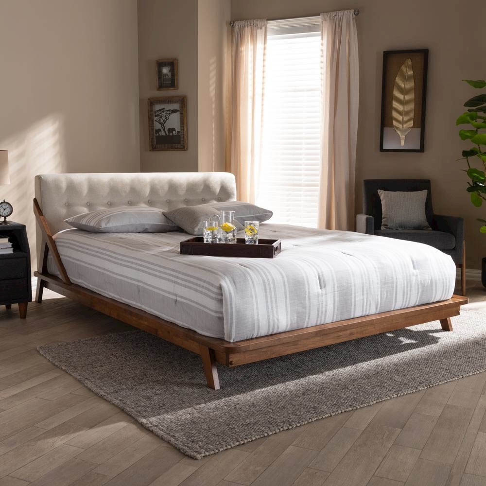 Light Beige Fabric Upholstered Wood Queen Size Platform Bed. Picture 17