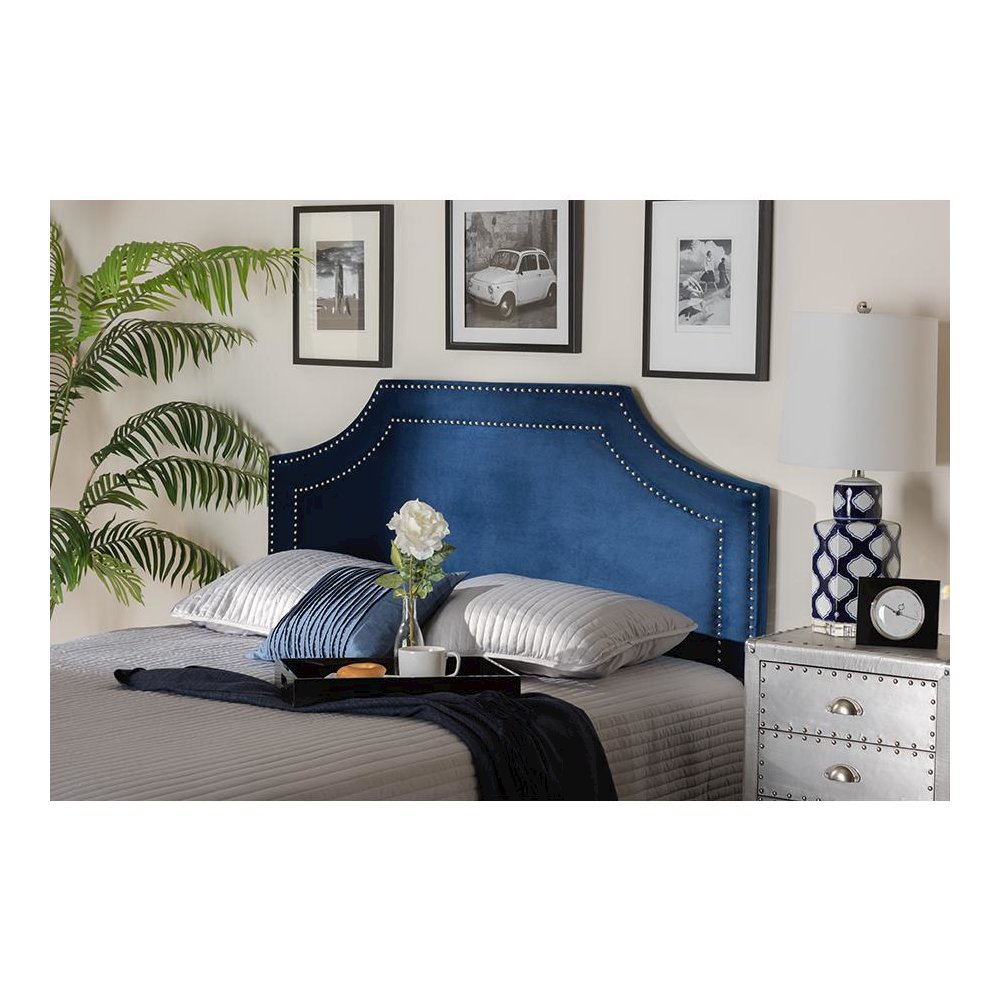 Navy Blue Velvet Fabric Upholstered King Size Headboard. Picture 4