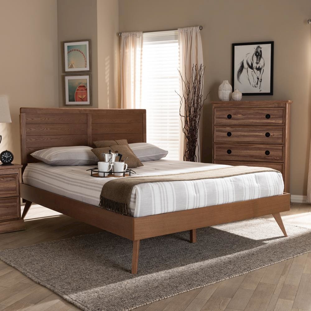 Artemis Mid-Century Modern Walnut Brown Finished Wood Queen Size Platform Bed. Picture 16