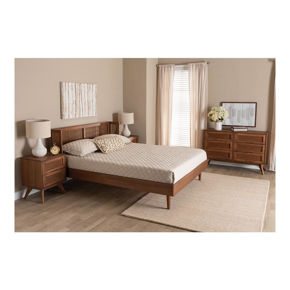 Ash Walnut Finished Wood 4-Piece King Size Bedroom Set with Synthetic Rattan. Picture 11