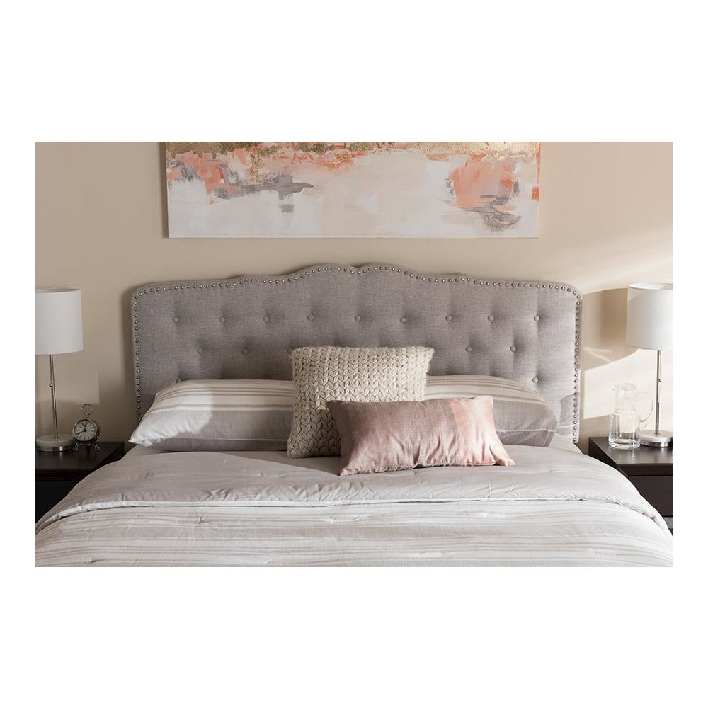 Lucy Modern and Contemporary Greyish Beige Fabric King Size Headboard. Picture 4