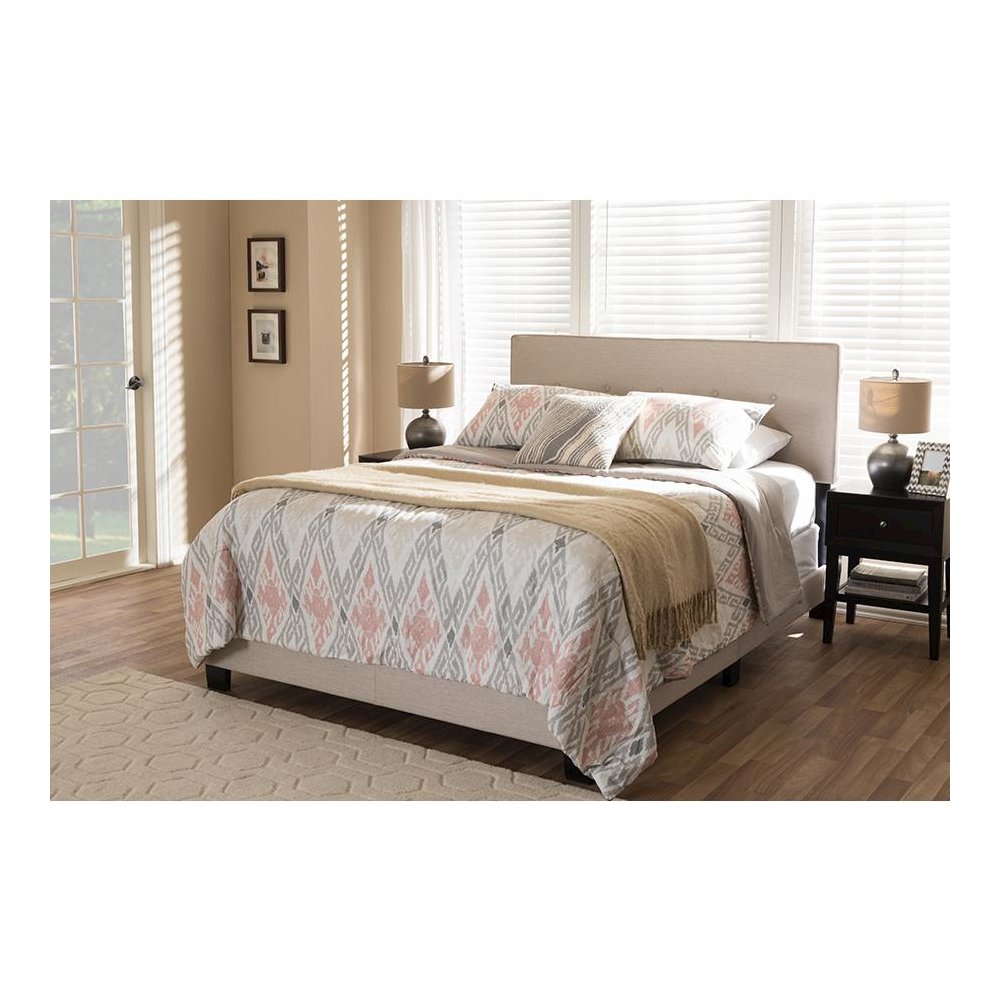 Hampton Modern and Contemporary Light Beige Fabric Upholstered King Size Bed. Picture 6