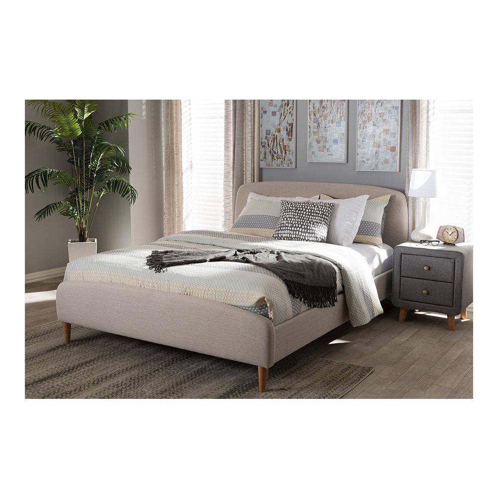 Mia Mid-Century Light Beige Fabric Upholstered King Size Platform Bed. Picture 6
