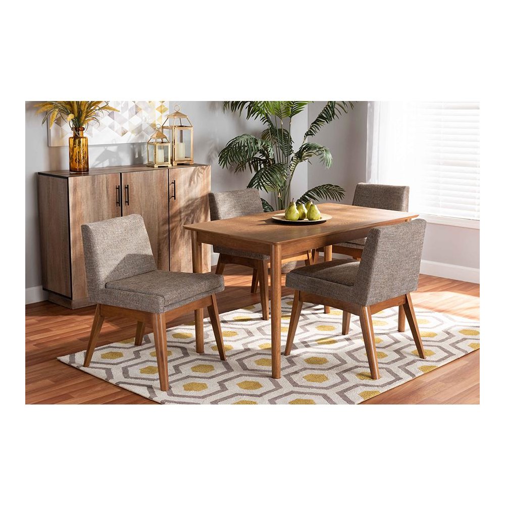 Gravel Fabric Upholstered and Walnut Brown Finished Wood 5-Piece Dining Set. Picture 7