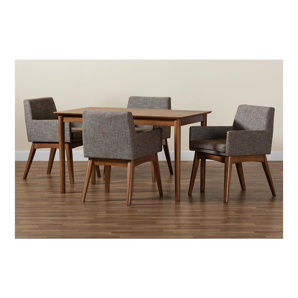 Gravel Fabric Upholstered and Walnut Brown Finished Wood 5-Piece Dining Set. Picture 8