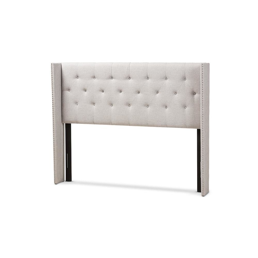 Greyish Beige Fabric Button-Tufted Nail head King Size Winged Headboard. Picture 1