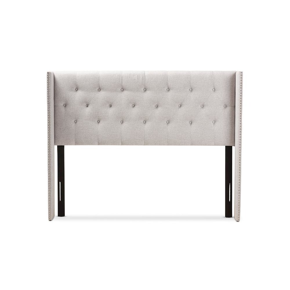 Greyish Beige Fabric Button-Tufted Nail head King Size Winged Headboard. Picture 2