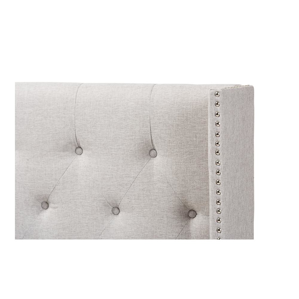 Greyish Beige Fabric Button-Tufted Nail head King Size Winged Headboard. Picture 3