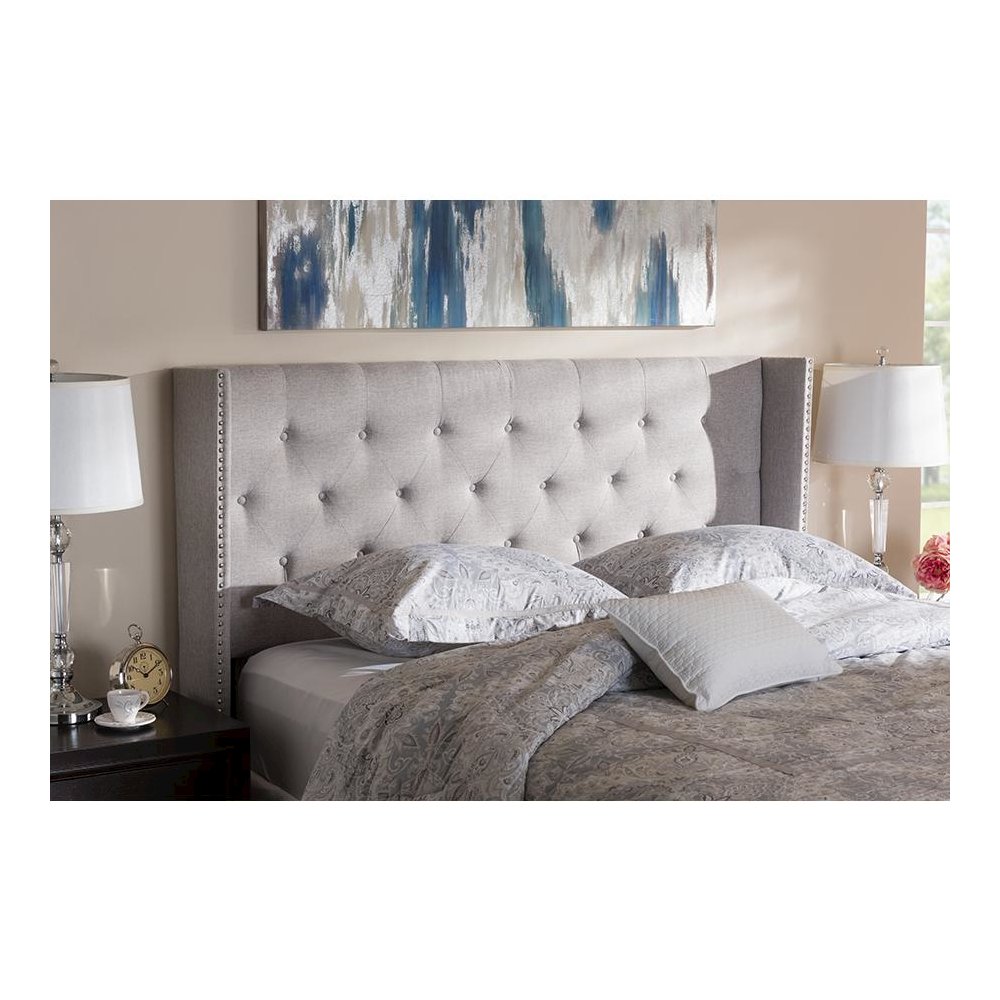 Greyish Beige Fabric Button-Tufted Nail head King Size Winged Headboard. Picture 4