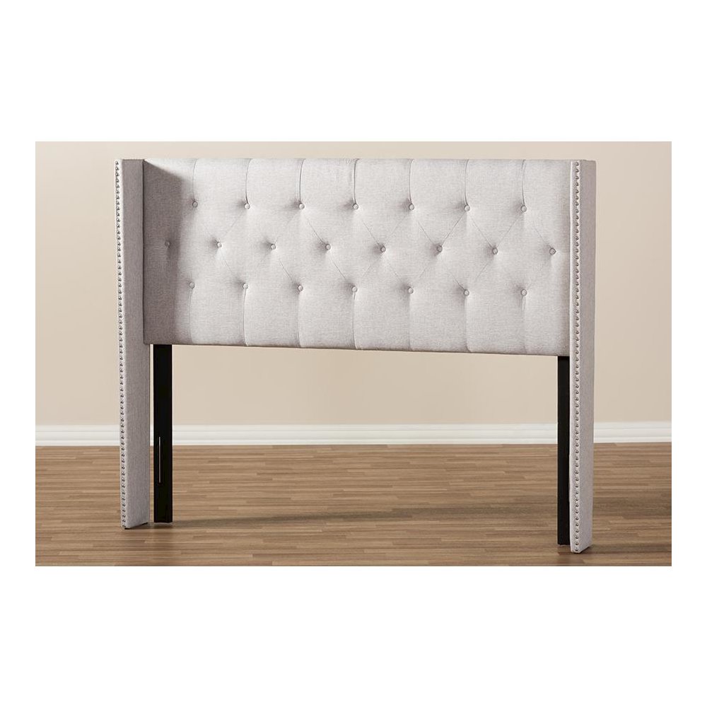 Greyish Beige Fabric Button-Tufted Nail head King Size Winged Headboard. Picture 5