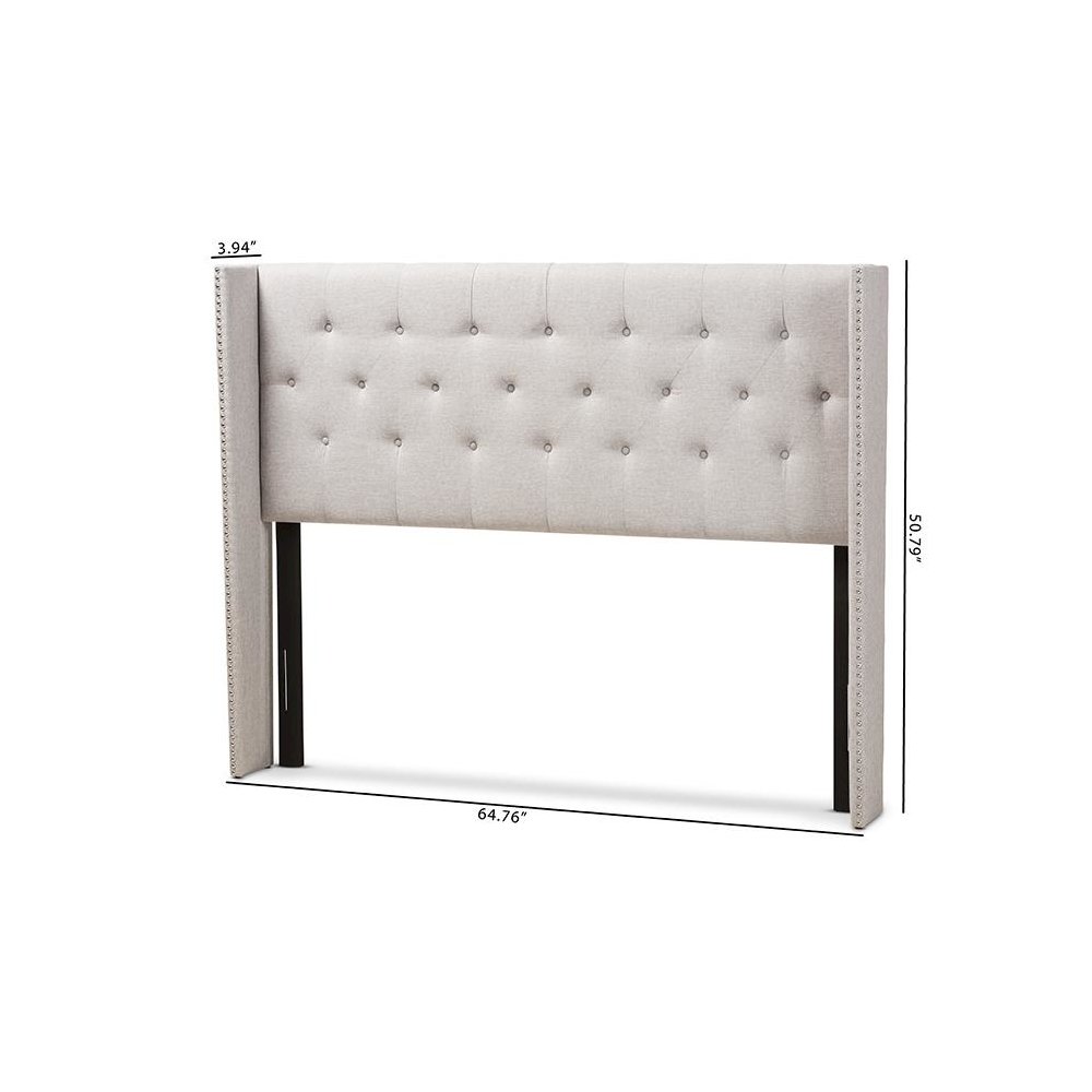 Greyish Beige Fabric Button-Tufted Nail head King Size Winged Headboard. Picture 6