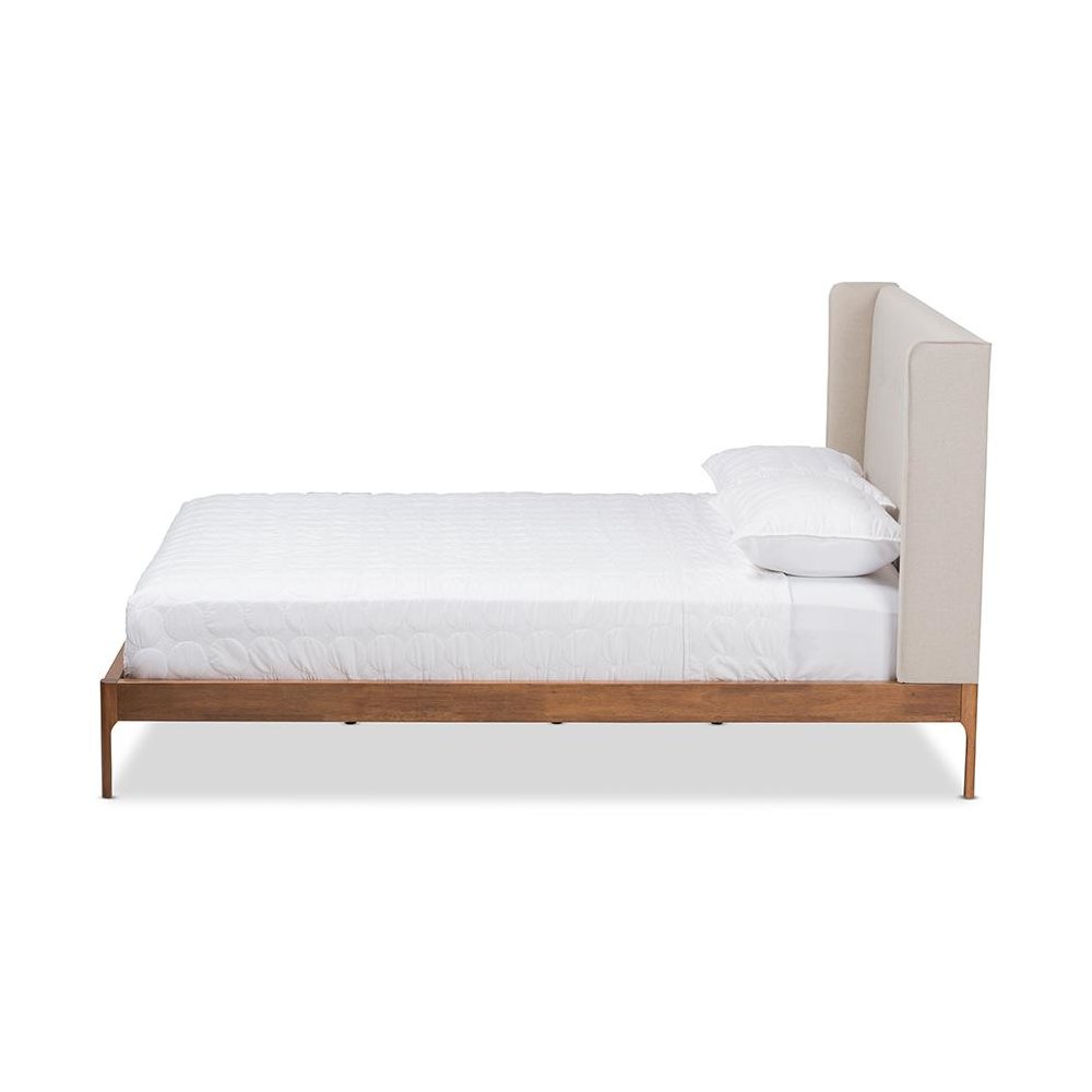 Brooklyn Mid-Century Modern Walnut Wood Beige Fabric Full Size Platform Bed. Picture 2