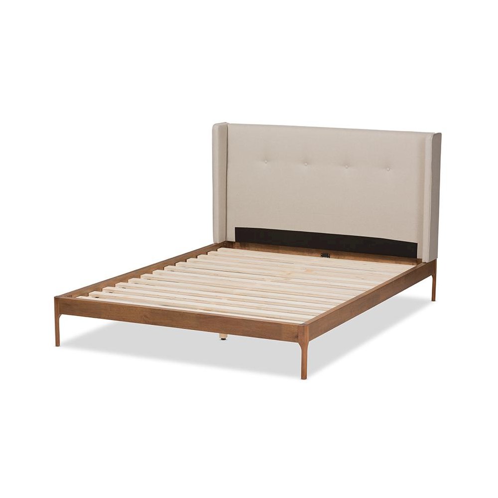 Brooklyn Mid-Century Modern Walnut Wood Beige Fabric Full Size Platform Bed. Picture 3