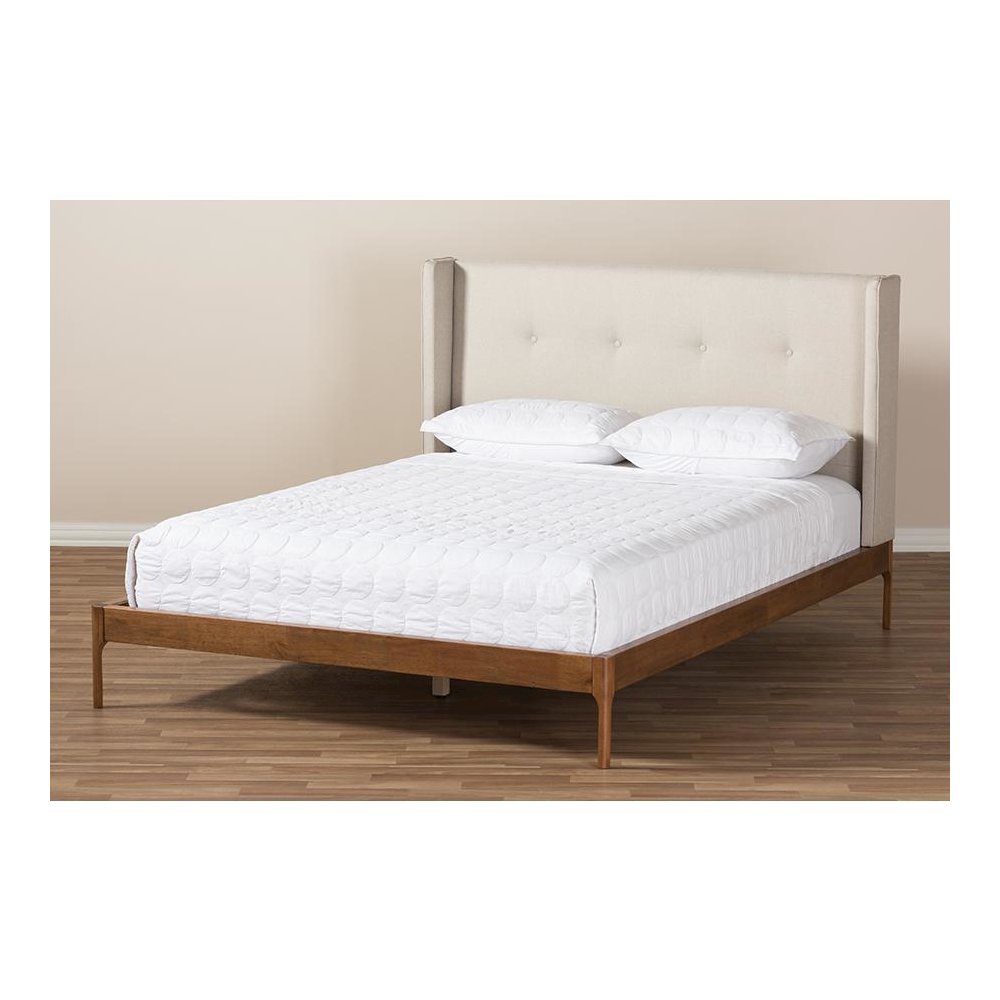 Brooklyn Mid-Century Modern Walnut Wood Beige Fabric Full Size Platform Bed. Picture 9