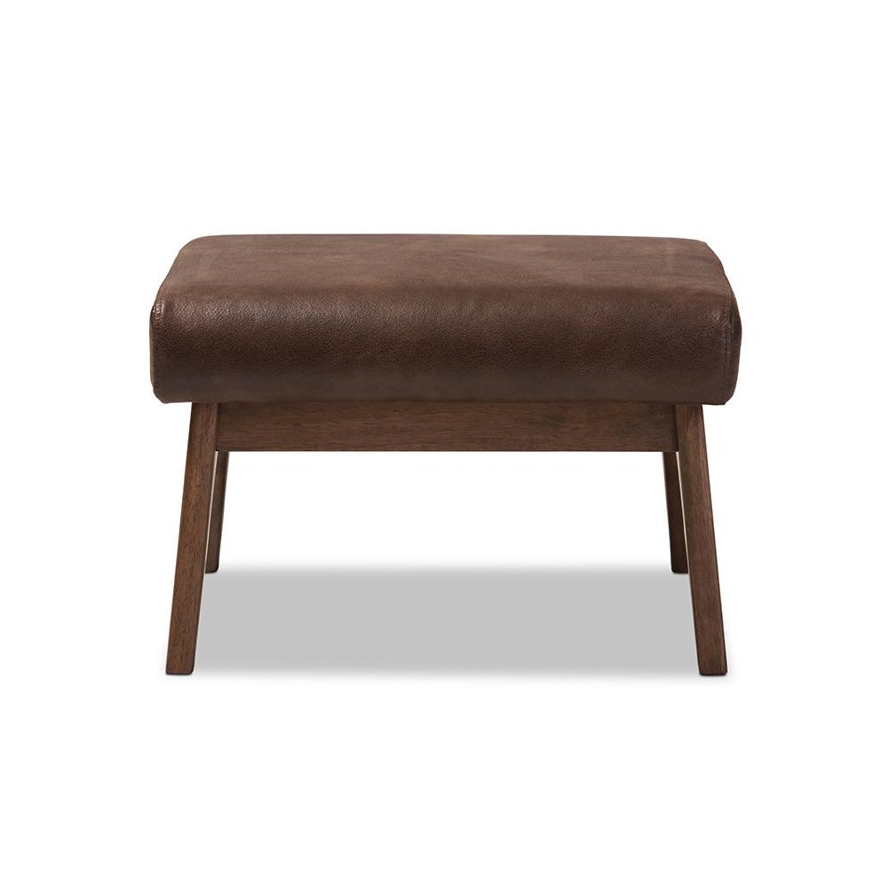 Bianca Mid-Century Modern Walnut Wood Dark Brown Distressed Faux Leather Ottoman. Picture 2