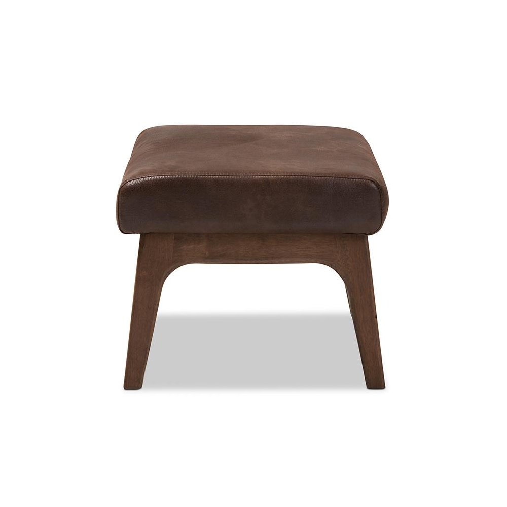 Bianca Mid-Century Modern Walnut Wood Dark Brown Distressed Faux Leather Ottoman. Picture 3