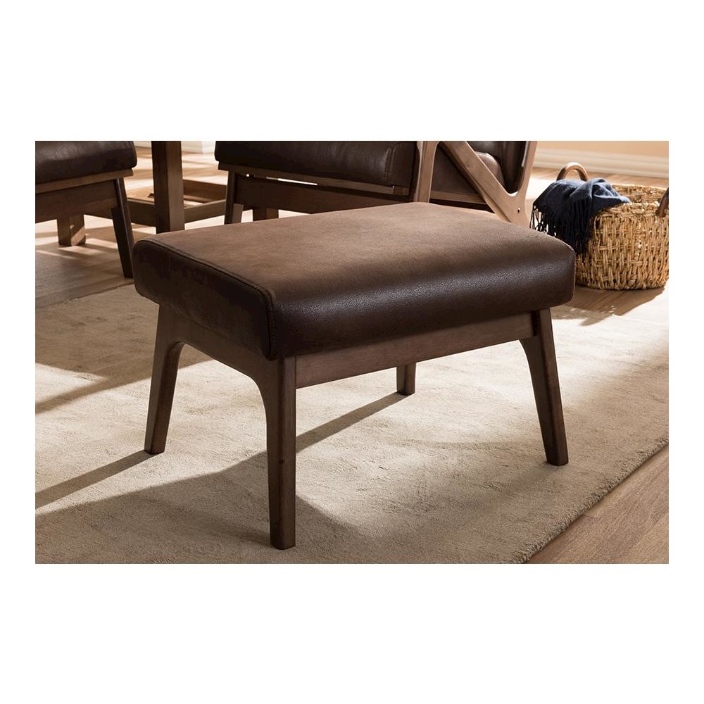 Bianca Mid-Century Modern Walnut Wood Dark Brown Distressed Faux Leather Ottoman. Picture 4