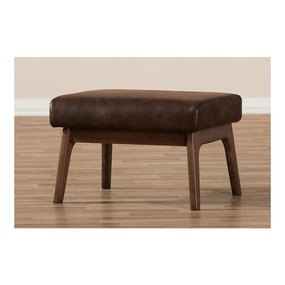 Bianca Mid-Century Modern Walnut Wood Dark Brown Distressed Faux Leather Ottoman. Picture 5