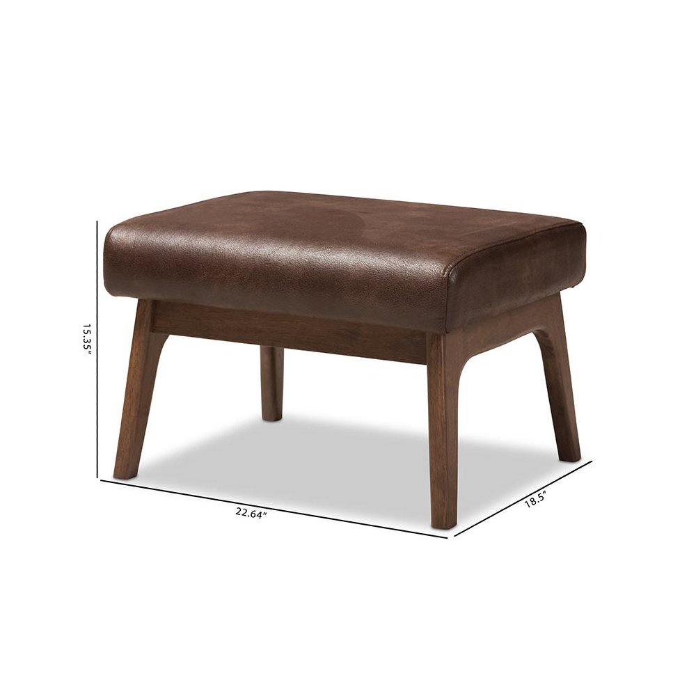 Bianca Mid-Century Modern Walnut Wood Dark Brown Distressed Faux Leather Ottoman. Picture 6