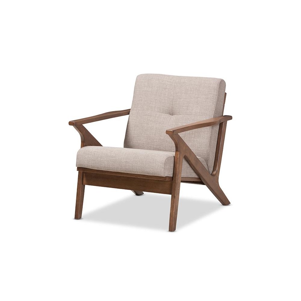 Bianca Mid-Century Modern Walnut Wood Light Grey Fabric Tufted Lounge Chair. Picture 1