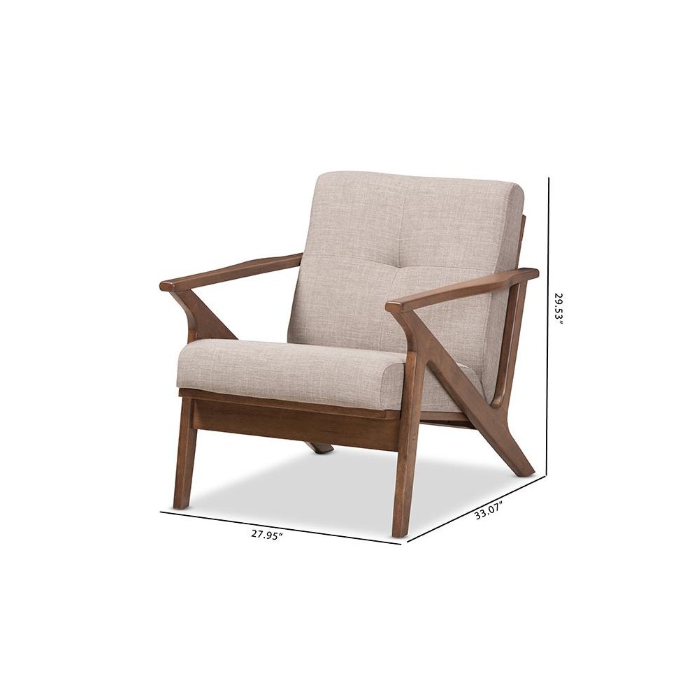 Bianca Mid-Century Modern Walnut Wood Light Grey Fabric Tufted Lounge Chair. Picture 10