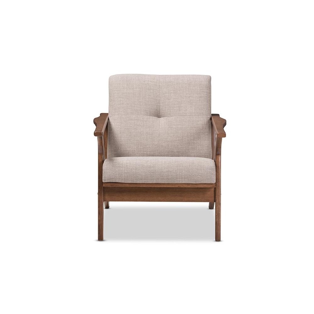 Bianca Mid-Century Modern Walnut Wood Light Grey Fabric Tufted Lounge Chair. Picture 2
