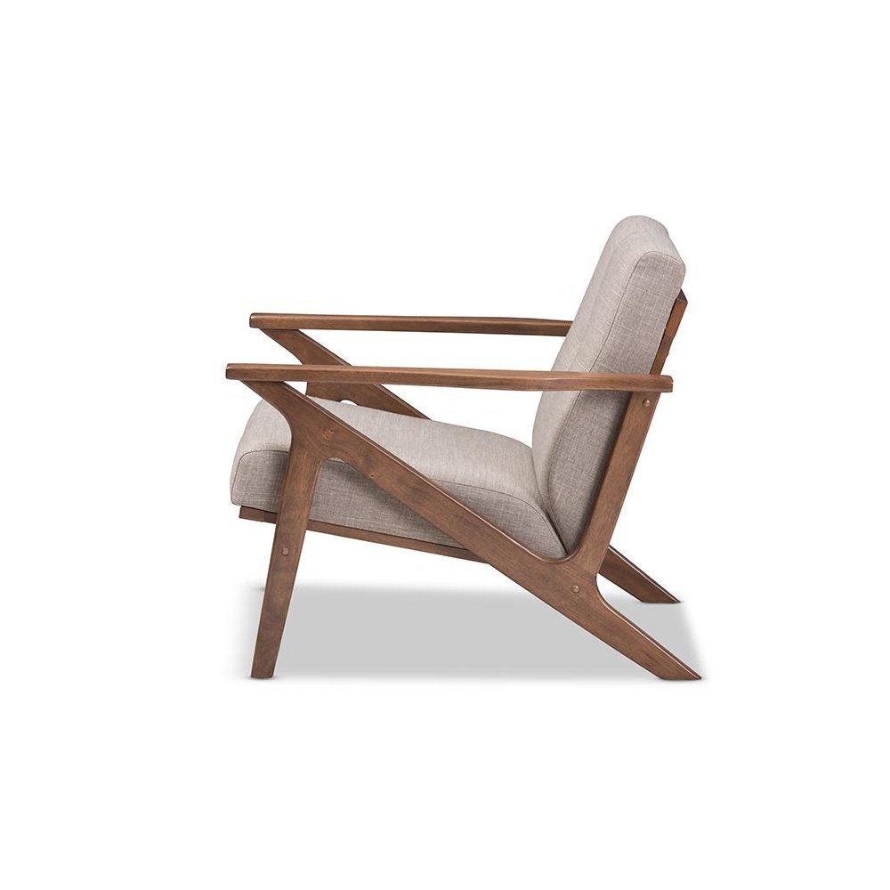 Bianca Mid-Century Modern Walnut Wood Light Grey Fabric Tufted Lounge Chair. Picture 3