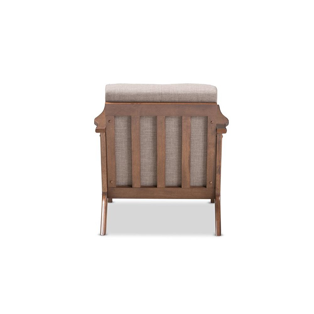 Bianca Mid-Century Modern Walnut Wood Light Grey Fabric Tufted Lounge Chair. Picture 4