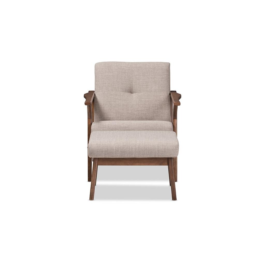 Walnut Wood Light Grey Fabric Tufted Lounge Chair And Ottoman Set. Picture 2