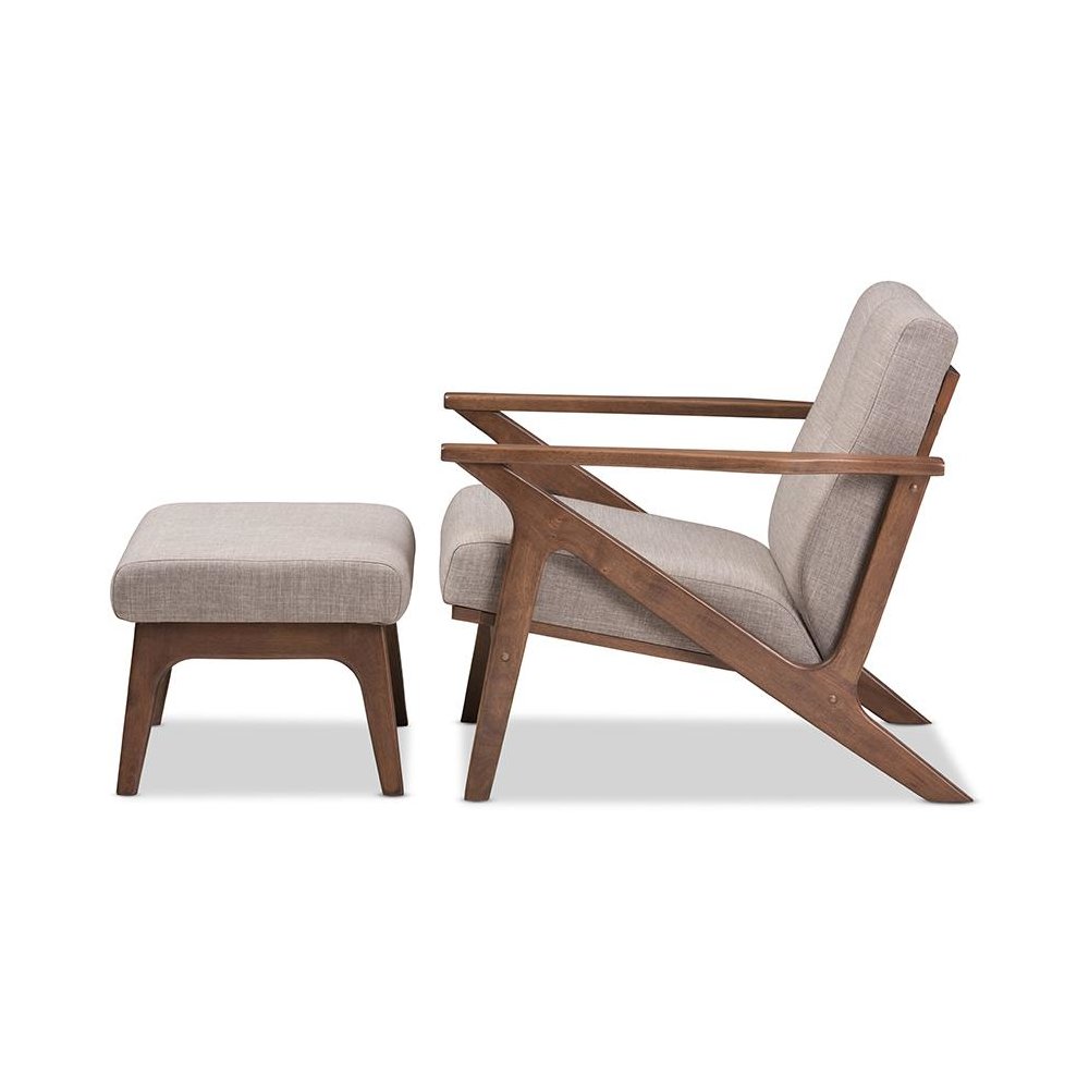 Walnut Wood Light Grey Fabric Tufted Lounge Chair And Ottoman Set. Picture 3