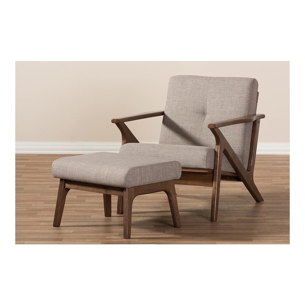 Walnut Wood Light Grey Fabric Tufted Lounge Chair And Ottoman Set. Picture 8