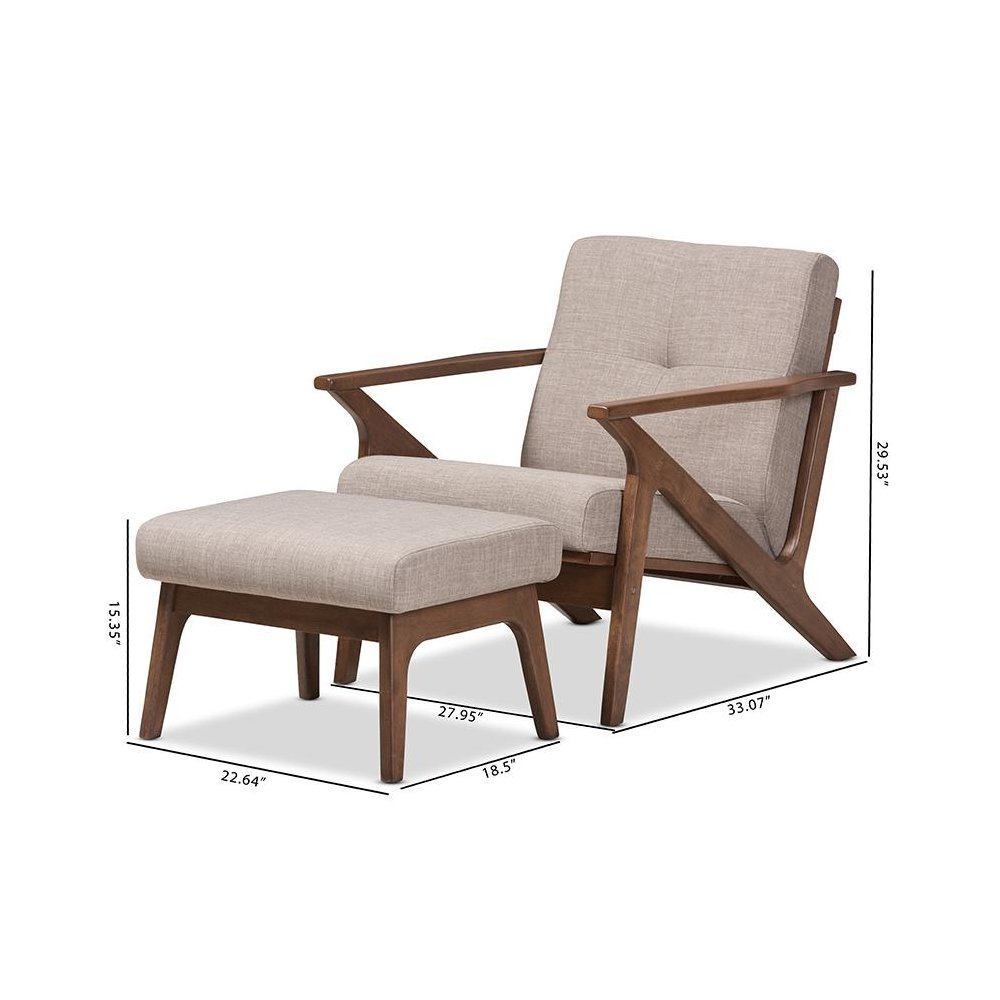 Walnut Wood Light Grey Fabric Tufted Lounge Chair And Ottoman Set. Picture 9