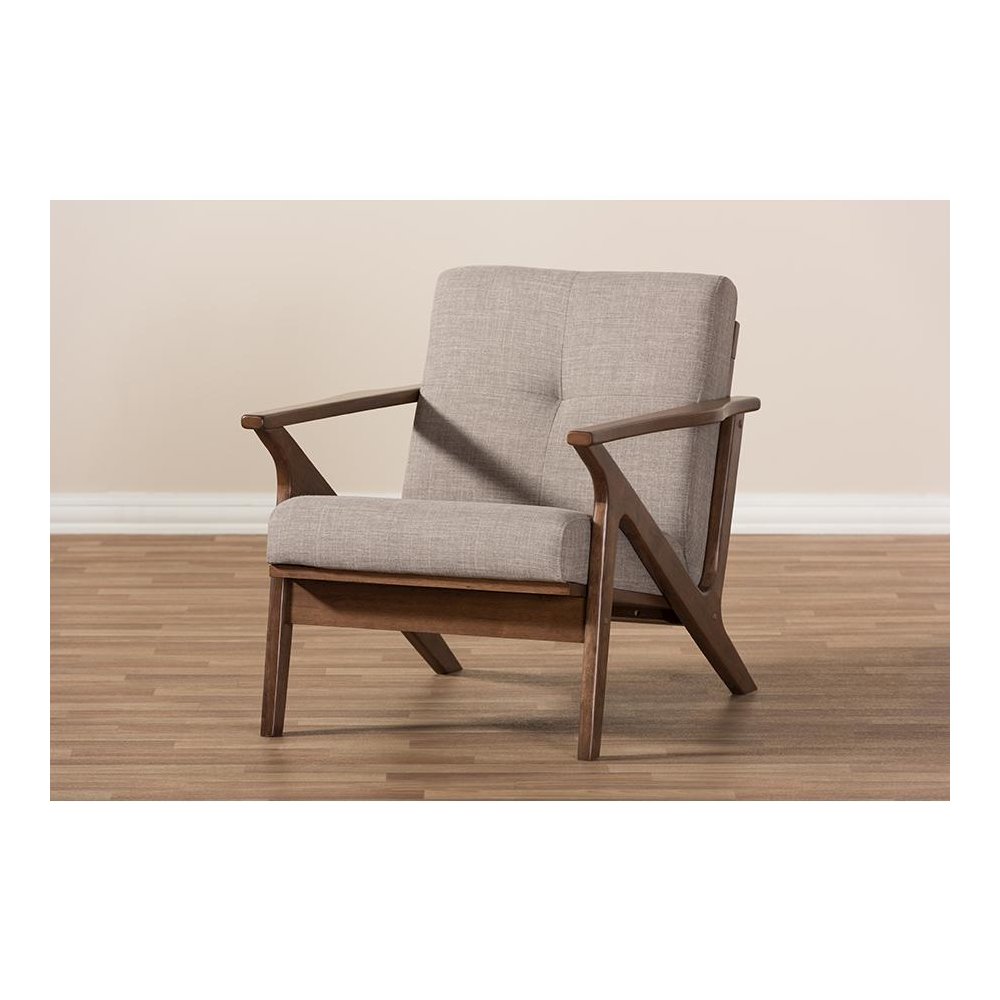 Bianca Mid-Century Modern Walnut Wood Light Grey Fabric Tufted Lounge Chair. Picture 9